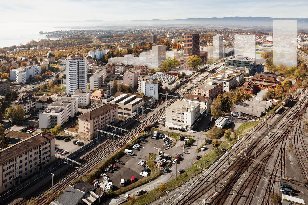 Architekturvisualisierung  
Prilly-Malley, Lausanne, Schweiz
Wettbewerb, 2017
Localarchitecture
Luftaufnahme
Büro
Wohnung
Turm
Rot Beton