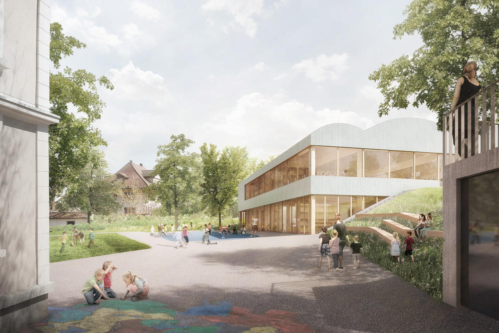 Architekturvisualisierung - Wettbewerb, Kindergarten Huttwil, Schweiz, Klosbrunecky Aussenraum