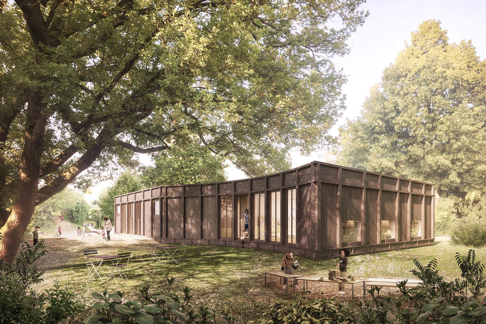 Architekturvisualisierung
Rendering
Doppelkindergarten, Riehen, Schweiz, Wettbewerb 2018, 
Luca Selva Architekten
Holzbau
Rot
Garten