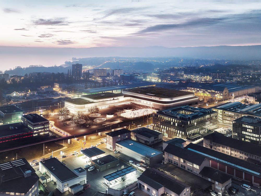 Architekturvisualisierung
Render
Centre sportif de Malley,
Lausanne Schweiz,
PONT12 Architectes
Sportzentrum
Luftaufnahme
Nacht