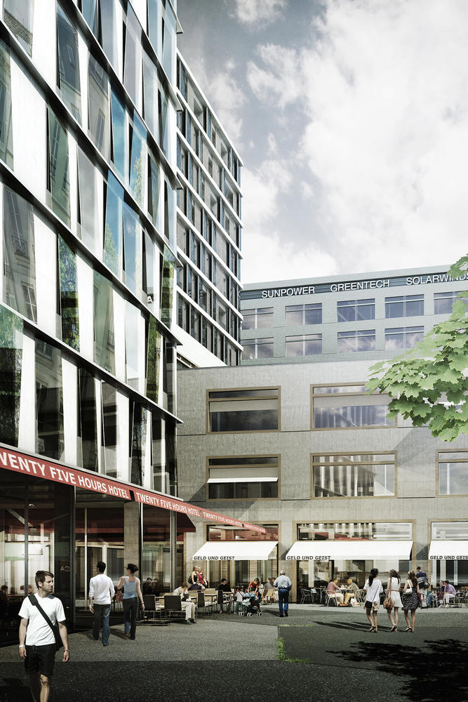 Architekturvisualiserung
Render
Architekturwettbewerb, 1. Rang
Rendering 
Europaallee, Zürich, Schweiz, 
E2A Architects
Buero
Café
Öffentlicher Raum
