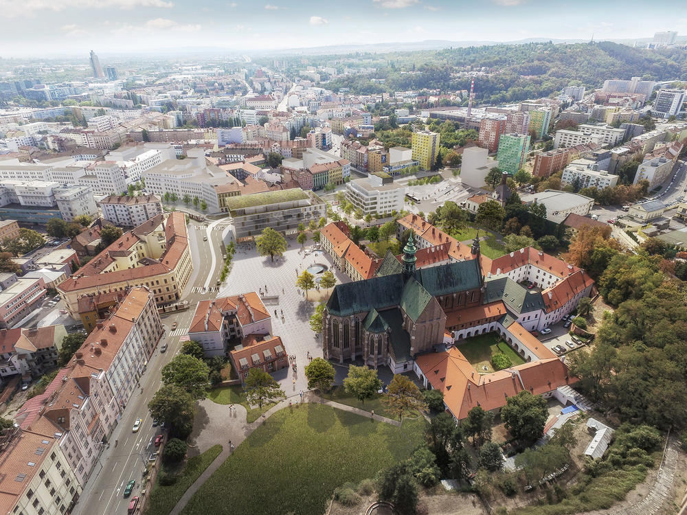 Architekturvisualisierung 
Rendering
Wettbewerb 2018
Mendlovo Namesti 
Brno, Tschechische Republik 
Urbanismus
Stadtplatz
Luftaufnahme 
Consequence Forma