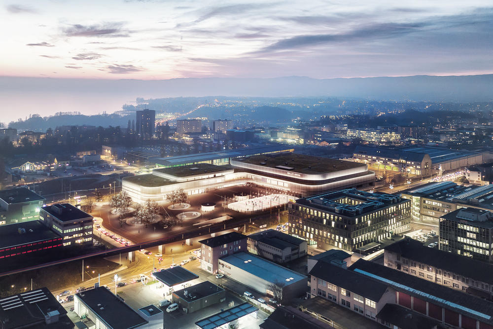 Architekturvisualisierung
Rendering
Centre sportif de Malley,
Lausanne Schweiz,
PONT12 Architectes
Exterieur
Abends
Vogelperspektive
Sportzentrum