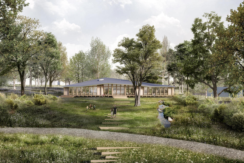 Architketurvisualisierung 
Kindergarten, Zug, Schweiz, 
Wettbewerb 2018, 1. Rang
Melk Nigg Architects,
Vorderansicht
Holzbau
Bach
