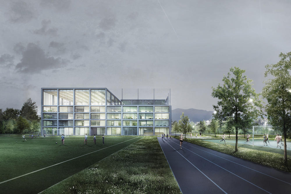 Architekturvisualisierung
Rendering
Cycle d’orientation de Vernier Balexert,
Schweiz,
PONT12 Architectes
Exterieur
Fußballplatz
Volleyballplatz
Stadion