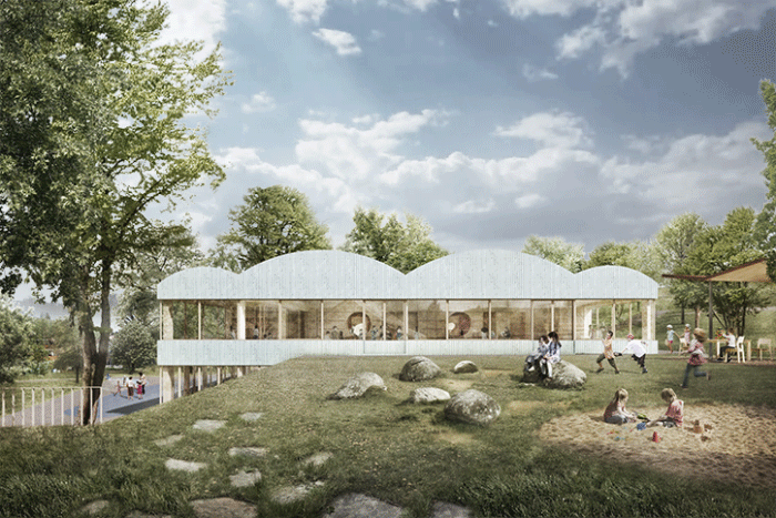 Architekturvisualisierung 
Render
Wettbewerb, Kindergarten Huttwil, 
Schweiz, Klosbrunecky
2017
Aussen
Weiss Holz
Spielplatz